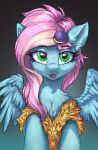  accessory blue_body blue_feathers blue_fur chest_tuft clothing digital_media_(artwork) ear_tuft equid equine eyelashes fan_character feathered_wings feathers female feral fur green_eyes hair hair_accessory hasbro hi_res kirby_orange mammal mane my_little_pony pegasus pink_hair pink_mane smile solo tongue tongue_out tuft wings 