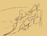  anthro balls big_balls big_penis casual_nudity claws foreskin furniture genitals horn kobold looking_at_object looking_at_phone male moobold penis relaxing sketch snaggle_tooth sofa solo tail 