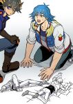  2boys absurdres black_hair blue_eyes blue_hair blue_jacket blue_pants boots brown_footwear brown_gloves bruno_(yu-gi-oh!) facial_mark facial_tattoo floor fudou_yuusei gloves hand_on_own_knee hands_on_floor high_collar highres jacket knee_pads kneeling looking_back looking_to_the_side lying male_focus marking_on_cheek multicolored_hair multiple_boys multiple_views on_back on_floor on_stomach open_clothes open_jacket open_mouth pants parted_lips partially_colored pocket purple_eyes shirt shoes short_hair sleeves_rolled_up sneakers spiked_hair streaked_hair sweatdrop tattoo tripping white_footwear white_jacket worried youko-shima yu-gi-oh! yu-gi-oh!_5d&#039;s 