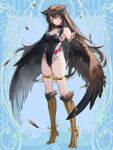  1girl anklet aura_venefika bird_legs black_one-piece_swimsuit blush braid breasts brown_hair brown_wings cleavage cleavage_cutout clothing_cutout dairoku_ryouhei feathered_wings feathers full_body harpy highres jewelry large_breasts long_hair long_legs monster_girl one-piece_swimsuit solo swimsuit tama_(marble) tattoo thighlet twin_braids winged_arms wings yellow_eyes 