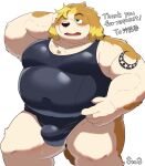  anthro belly biceps blonde_hair blue_eyes blush bulge canid canine canis clothing domestic_dog english_text floppy_ears hair hi_res hisaki_(live_a_hero) lifewonders live_a_hero male mammal musclegut navel omo_kemo one-piece_swimsuit pecs school_swimsuit solo swimwear tattoo text 
