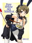  1girl animal_ears black_bow black_bowtie black_leotard blush bow bowtie breasts brown_eyes brown_hair cleavage closed_mouth dated fake_animal_ears fake_tail girls_und_panzer hair_ribbon happy_birthday highres large_breasts leotard long_hair looking_at_viewer oosaka_kanagawa pantyhose playboy_bunny ponytail rabbit_ears rabbit_tail ribbon simple_background smile solo tail takashima_remi whistle white_pantyhose 