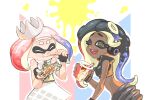  animal_humanoid anthro bare_shoulders beverage cephalopod cephalopod_humanoid clothing container crop_top crown cup duo female food hair headgear headphones humanoid inkling marina_(splatoon) marine marine_humanoid mikeinel mollusk mollusk_humanoid multicolored_hair nintendo octarian octoling off_the_hook_(splatoon) pearl_(splatoon) pseudo_hair shirt splatoon tagme toothpick topwear zipper 