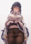  1girl azuma_(azur_lane) azur_lane black_bra black_hair bra bra_visible_through_clothes breasts clothes_lift collared_shirt cowboy_shot flower hair_flaps jacket jacket_on_shoulders lace-trimmed_bra lace-trimmed_panties lace_trim large_breasts lifted_by_self long_hair navel panties panties_under_pantyhose pantyhose pantyshot sakura_empire_(emblem) sea_nami shirt skirt skirt_lift standing thighband_pantyhose underwear white_flower white_shirt 