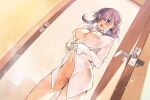  1girl absurdres bathroom blush breasts fate/stay_night fate_(series) highres indoors large_breasts long_hair looking_at_viewer matou_sakura naked_shirt navel open_door open_mouth partially_unbuttoned purple_eyes purple_hair shigure_(shigure_43) shirt solo white_shirt 