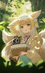  1girl absurdres animal_ear_fluff animal_ears aqua_hairband aqua_skirt arknights bag basket black_cat blonde_hair blurry blurry_background blurry_foreground brown_bag cardigan cat chinese_commentary colored_tips commentary_request crossover depth_of_field fox_ears fox_girl fox_tail frilled_hairband frills green_eyes greep9485 hair_ornament hair_scrunchie hairband handbag heixiu highres holding holding_basket in_basket kitsune kyuubi light_blush long_hair long_sleeves looking_at_viewer luo_xiaohei luo_xiaohei_zhanji multicolored_hair multiple_tails neck_ribbon official_alternate_costume open_cardigan open_clothes open_mouth partial_commentary puffy_long_sleeves puffy_sleeves red_ribbon ribbon round_bag scrunchie shirt shoulder_bag skirt suzuran_(arknights) suzuran_(spring_praise)_(arknights) tail two-tone_hair white_hair white_shirt yellow_cardigan 