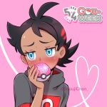  1boy antenna_hair blue_eyes blush character_name commentary_request covering_mouth ear_blush eyelashes goh_(pokemon) grey_shirt hand_up heart holding holding_poke_ball looking_away love_ball male_focus pink_background poke_ball pokemon pokemon_(anime) pokemon_journeys raised_eyebrows sara_bon shirt sideways_glance solo upper_body 