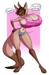  5_fingers absurd_res anthro big_breasts biped breasts brown_hair clothed clothing english_text female fingers hair hi_res huge_breasts jongrave kangaroo kangaroo_valley_girl macropod mammal marsupial open_mouth open_smile smile solo tail text 