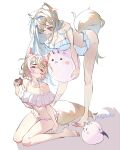  2girls alternate_costume animal_ears barefoot bikini blonde_hair blue_hair blue_hairband breasts cleavage dog_ears dog_girl dog_tail doughnut english_commentary feet food food_on_face frilled_bikini frills full_body fuwawa_abyssgard hairband hololive hololive_english large_breasts leaning_forward looking_at_another mococo_abyssgard multicolored_hair multiple_girls nail_polish pink_eyes pink_hair pink_hairband shadow siblings sisters sitting standing streaked_hair swimsuit sydus tail toenail_polish toenails toes twins twitter_username virtual_youtuber wariza 