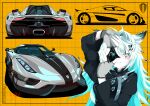  1girl absurdres animal_ears arknights black_jacket blueprint_background car commentary english_commentary english_text fingerless_gloves gloves grey_car grey_eyes grey_gloves hair_between_eyes hair_ornament hands_up highres jacket koenigsegg_(automobile) koenigsegg_regera lappland_(arknights) long_hair long_sleeves looking_at_viewer messy_hair motor_vehicle multicolored_hair multiple_views one_eye_covered open_mouth perflatte scar scar_across_eye scar_on_face shadow signature simple_background smile solo sports_car teeth two-tone_hair upper_body vehicle_focus white_hair yellow_background 