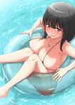  1girl afloat ass bare_arms bare_legs bikini black_bikini black_hair blush breast_press breasts brown_eyes cleavage commentary_request embarrassed hair_between_eyes highres huge_breasts innertube looking_at_viewer micro_bikini open_mouth oppai_loli original solo swimsuit tearing_up tears thighs tsurukusa_ponzu wavy_mouth wet 