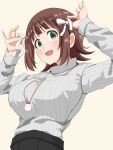  1girl absurdres amami_haruka brown_hair green_eyes grey_sweater hair_ribbon haruki_(haruki678) highres idolmaster idolmaster_(classic) long_sleeves looking_at_viewer open_mouth ribbon short_hair smile solo sweater turtleneck turtleneck_sweater upper_body white_ribbon 