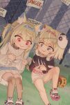  2girls absurdres animal_ears belt belt_collar black_collar black_shirt blonde_hair blue_belt blue_eyes blue_hair breasts collar cropped_shirt dog_ears dog_girl dress fishnet_thighhighs fishnets frilled_shorts frills fuwawa_abyssgard halloween_bucket headphones headphones_around_neck highres holding holding_paper hololive hololive_english long_hair mask mask_on_head medium_breasts missing_poster mococo_abyssgard multicolored_hair multiple_girls nanachides paper pink_belt pink_eyes pink_hair shirt shoes short_shorts shorts siblings sisters sitting sneakers spiked_collar spikes streaked_hair thighhighs twins two_side_up virtual_youtuber white_dress white_footwear white_shorts 