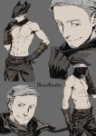  1boy abs bare_shoulders belt bloodborne brown_belt brown_gloves brown_headwear brown_pants closed_mouth copyright_name facial_hair frown gloves goatee grey_hair hat highres hunter_(bloodborne) kamezaemon multiple_views navel pants short_hair smile topless_male tricorne 