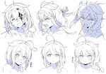  1girl :t ;d ahoge blood blood_on_face blush braid closed_mouth collarbone commentary_request greyscale hair_between_eyes hair_ornament hair_over_shoulder hairband head_tilt highres kantai_collection long_hair monochrome multiple_views nose_blush nude one_eye_closed open_mouth pout sailor_collar shigure_(kancolle) shirt simple_background single_braid smile tenshin_amaguri_(inobeeto) v-shaped_eyebrows wavy_mouth white_background 