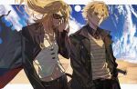  2boys absurdres adjusting_eyewear black_jacket black_nails blonde_hair cloud cloudy_sky coat collared_jacket daybit_sem_void desert eeju fate/grand_order fate_(series) floating_hair hair_between_eyes highres jacket jewelry looking_to_the_side male_focus midriff multiple_boys navel necklace necktie open_clothes open_jacket sand shirt sky standing sunglasses tezcatlipoca_(fate) upper_body v-neck white_shirt 