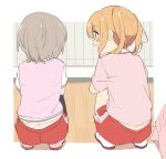  2girls blonde_hair buruma grey_hair gym_uniform highres idoly_pride kawasaki_sakura_(idoly_pride) looking_at_another multiple_girls purple_shirt red_buruma red_shirt shiraishi_chisa shirt shoes sincos twintails white_footwear 