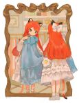  1girl animal_ears bag basket blue_dress bow clothes_rack commentary_request dot_nose dress flower frilled_dress frills grey_bow grey_dress grey_footwear hair_bow hand_up highres holding holding_clothes holding_dress long_hair looking_at_mirror mirror myu_(3u_gumi) orange_hair orange_tail original parted_lips picture_frame purple_eyes reflection ribbon tail tail_ornament tail_ribbon twitter_username 
