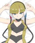  1girl aqua_eyes arms_up bare_arms bed_sheet blonde_hair blunt_bangs breasts cable choker collarbone commentary_request covered_navel elesa_(pokemon) grey_nails headphones looking_at_viewer lying makino_harumaki medium_breasts nail_polish on_back parted_lips pokemon pokemon_(game) pokemon_bw solo upper_body 