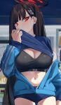  1girl alternate_costume black_hair black_sports_bra blue_archive blue_buruma blurry blurry_background breasts buruma cleavage clothes_lift cosplay covering_mouth halo highres jacket large_breasts lifted_by_self long_hair midriff navel red_eyes rio_(blue_archive) shirt_lift solo sports_bra stomach track_jacket very_long_hair wakamepiza yuuka_(blue_archive) yuuka_(blue_archive)_(cosplay) yuuka_(track)_(blue_archive) 