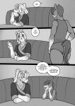  5_fingers anthro anthro_on_anthro biped butt clothed clothing comic english_text equid equine fingers flirting freckles_(artist) girly horse intraspecies male male/male mammal monochrome open_mouth open_smile smile speech_bubble tail text 