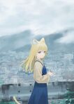  1girl animal_ears blonde_hair blue_eyes blue_overalls cat_ears cat_girl cat_tail cityscape commentary_request grey_sky grey_sweater guard_rail light_smile long_hair long_sleeves looking_at_viewer original outdoors overalls overcast own_hands_together sky solo sweater tail upper_body wasabi60 
