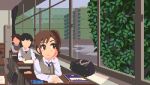  3girls animated animated_gif blinking brown_eyes brown_hair bush cinemagraph classroom desk futami_mami head_rest idolmaster idolmaster_(classic) indoors looking_outside looping_animation lowres multiple_girls notebook pixel_art pxllb rain school_desk school_uniform side_ponytail solo_focus 