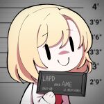  1girl barbie_mugshot_(meme) blonde_hair bob_cut character_name collared_shirt detective height_chart height_mark highres holding holding_sign hololive hololive_english long_sleeves looking_at_viewer meme mugshot necktie onionyaa prison prisoner red_necktie shirt short_hair short_necktie sign smol_ame upper_body virtual_youtuber watson_amelia white_shirt 