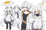  1boy 1girl :3 :d ahoge animal_ears bags_under_eyes black_shirt black_thighhighs brown_pants claws collarbone colored_skin commentary detached_sleeves dorodra_(kisaragi_kaya) dragon_tail drawstring fang fried_egg furry grey_hair grey_skin grey_sweater hair_flaps hand_up hood hood_down hoodie horns jitome kisaragi_kaya long_hair long_sleeves looking_at_viewer monster_girl multiple_forms navel no_shoes off-shoulder_sweater off_shoulder open_clothes open_hoodie open_mouth original pants sanpaku shirt short_hair simple_background single_bare_shoulder skin_fang sleeveless sleeveless_shirt sleeves_past_fingers sleeves_past_wrists slime_(creature) slime_(substance) slit_pupils smile standing sweater tail tentacle_hair thighhighs turtleneck very_long_hair white_background white_hoodie yellow_eyes zettai_ryouiki 