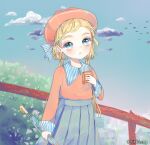  1girl artist_name blonde_hair blue_bow blue_collar blue_eyes blue_skirt blue_sky blue_umbrella bow bush buttons child cityscape closed_mouth cloud collar collared_shirt commentary day drink drinking_straw english_commentary eyelashes eyeshadow flock frown hair_bow hat high-waist_skirt holding holding_drink holding_umbrella juice_box kikkidream light_blush long_hair long_sleeves looking_at_viewer low_twintails makeup original outdoors pink_eyeshadow plant polka_dot polka_dot_umbrella railing red_headwear red_shirt shirt skirt sky solo straight_hair striped striped_bow thick_eyebrows twintails two-tone_bow two-tone_collar umbrella vertical-striped_collar white_bow white_collar 