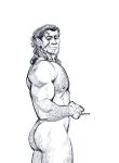  1boy arm_hair ass_hair azreto baldur&#039;s_gate baldur&#039;s_gate_3 bara braid chest_hair completely_nude dark-skinned_male dark_skin dungeons_and_dragons elf feet_out_of_frame from_side greyscale hairy halsin highres large_pectorals leg_hair looking_at_viewer looking_to_the_side male_focus mature_male medium_hair monochrome muscular muscular_male nipples nude pectorals pointy_ears solo standing tattoo thick_eyebrows thick_thighs thighs 