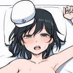  1girl arm_up armpits black_hair blush collarbone commentary_request completely_nude green_eyes hat looking_at_viewer lying miyo_(ranthath) murasa_minamitsu nude on_back pillow portrait short_hair solo sweat touhou 