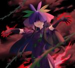  1girl aura black_gloves black_hair black_sky breasts china_dress chinese_clothes cloud commentary_request cowboy_shot dress elbow_gloves flower flower_on_head gloves grape_print highres long_hair looking_at_viewer nettian51 one_eye_covered open_mouth outstretched_arms print_dress purple_dress purple_eyes purple_flower short_sleeves sidelocks sky small_breasts smile solo spread_arms touhou vine_print yomotsu_hisami 