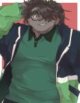  1boy animal_ears animal_nose arm_behind_head bara black-framed_eyewear black_eyes black_horns blue_jacket blush border braid brown_hair catoblepas_(housamo) collared_shirt commentary crown_braid furry furry_male glasses green_jacket green_shirt hair_over_one_eye high_ponytail highres horns huge_eyebrows jacket long_hair multicolored_clothes multicolored_jacket muscular muscular_male open_mouth outside_border red_background shirotoki_(qdng0atngbaqmce) shirt simple_background smile solo tokyo_afterschool_summoners upper_body white_border 