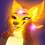  1:1 anthro black_nose blue_eyes breasts canid canine discreet_user eyebrow_piercing facial_piercing female fox fur glowing glowing_body hand_on_cheek hi_res mammal multi_ear mylar_(discreet_user) piercing portrait tongue tongue_out yellow_body yellow_fur 