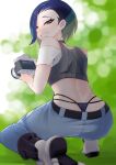  1girl bare_shoulders black_choker blue_hair bob_cut brown_eyes camera choker crop_top grin hair_over_one_eye holding holding_camera looking_back midriff multicolored_hair off_shoulder on_one_knee perrin_(pokemon) pokemon pokemon_(game) pokemon_sv ribbed_shirt shirt sleeveless sleeveless_shirt smile solo tateumi_ken thong 