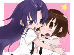  2girls black_necktie blush brown_eyes brown_hair fusuma_(suwaru_boom) goshiki_agiri highres hug kill_me_baby long_hair multiple_girls necktie open_mouth oribe_yasuna pink_hair purple_eyes purple_hair school_uniform short_hair yuri 