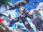  1boy 1girl aircraft april_fools armor armored_bodysuit azur_lane beach commander_(azur_lane) copyright_name enterprise_(azur_lane) holding holding_weapon kenko_(a143016) looking_at_viewer male_focus official_art outdoors pile_bunker power_armor tree water weapon white_hair 