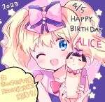  1girl 2023 :d alice_cartelet blonde_hair blue_eyes bow dated hair_bow hair_ornament happy_birthday hara_yui kin-iro_mosaic one_eye_closed open_mouth smile twintails upper_body 