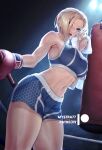  1girl blonde_hair blue_eyes boxing_gloves breasts cammy_white large_breasts lips looking_at_viewer mystra77 navel open_mouth punching_bag shorts solo sports_bra street_fighter street_fighter_6 towel 