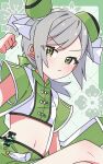  1girl :/ blush border bow breasts bun_cover chinese_clothes clenched_hand cropped_shirt crossed_legs double_bun floral_background green_background green_border green_bow green_eyes green_nails green_shirt green_shorts grey_hair grid_background hair_bow hair_bun hand_up hinomori_shiho knees_up looking_at_viewer low_ponytail medium_hair midriff navel outside_border project_sekai sanjuqing&#039;an shirt short_sleeves shorts sitting small_breasts solo upper_body v-shaped_eyebrows 