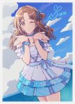  1girl bare_shoulders blowing_kiss blue_choker blue_ribbon blush bow breasts brown_eyes brown_hair character_signature choker cleavage cloud cloudy_sky collarbone dot_nose dress frilled_dress frills grid_background hair_bun hair_ribbon highres ichikawa_hinana idolmaster idolmaster_shiny_colors layered_dress long_hair looking_at_viewer moyashi_(m-planter) one_eye_closed open_mouth parted_bangs parted_lips polka_dot polka_dot_dress ribbon single_hair_bun single_side_bun sky smile solo waist_bow water white_dress 