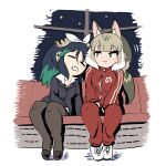  animal_ears cat_ears cat_girl extra_ears green_eyes green_hair grey_hair highres japari_symbol jersey jungle_cat_(kemono_friends) kako_(kemono_friends) kemono_friends kemono_friends_v_project long_hair mcgunngu night night_sky pantyhose ribbon shoes skirt sky sleeping suit twintails virtual_youtuber 