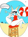  absurd_res animal_crossing ankha_(animal_crossing) anthro beach bikini chikn_nuggit clothed clothing comic duo eyewear female fogata fwench_fwy_(chikn_nuggit) group hi_res iscream_(chikn_nuggit) male male/female nintendo red_bikini red_clothing red_swimwear sasspa seaside smile sody_pop_(chikn_nuggit) spanish_text sunglasses swim_ring swimwear text 