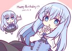  1girl black_dress blue_eyes blue_hair blue_vest blush bow buttons cake candle chibi cup dated dress english_text food gochuumon_wa_usagi_desu_ka? hair_between_eyes hair_ornament hand_up happy_birthday holding holding_cake holding_cup holding_food kafuu_chino kashimu long_hair open_mouth shirt smile upper_body vest x_hair_ornament 