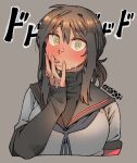  1girl bangs black_hair black_sailor_collar blue_neckerchief blush breasts cropped_torso ergot fubuki_(kancolle) fubuki_kai_ni_(kancolle) green_eyes grey_background hair_between_eyes kantai_collection licking licking_hand long_sleeves looking_at_viewer low_ponytail neckerchief ponytail sailor_collar school_uniform serafuku sexually_suggestive short_ponytail signature simple_background solo turtleneck upper_body 