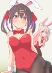  2girls animal_ears bare_shoulders black_hair blush bow bowtie breasts brown_eyes brown_hair cleavage collar detached_collar fake_animal_ears fake_tail hair_ornament hairclip leotard long_hair looking_at_viewer medium_breasts multiple_girls onii-chan_wa_oshimai! open_mouth oyama_mahiro oyama_mihari pantyhose pc_fworks pink_hair playboy_bunny purple_hair rabbit_ears rabbit_tail red_leotard simple_background small_breasts smile strapless strapless_leotard tail thighhighs twintails white_collar white_wrist_cuffs wrist_cuffs 