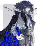  1boy absurdres arthropod_boy black_cape black_hair blue_eyes bug butterfly cape collared_shirt cowboy_shot crown diamond_hairband dragonfly_wings fate/grand_order fate_(series) hand_on_own_hip highres insect_wings long_sleeves maidhao male_focus medium_hair oberon_(fate) oberon_(third_ascension)_(fate) profile shirt signature simple_background smile solo white_background wings 