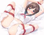  1girl ass bed_sheet blue_eyes blue_sailor_collar blush breasts brown_hair cameltoe cleft_of_venus commentary_request hair_between_eyes hannari369 highres looking_at_viewer lying m_legs navel on_back onjouji_toki open_mouth panties pillow red_rope restrained rope sailor_collar saki school_uniform serafuku shibari short_hair small_breasts socks solo spread_legs thighs underwear uniform white_panties white_serafuku white_socks 