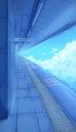  blue_sky bo_cota ceiling ceiling_light cloud cloudy_sky english_text exit_sign highres no_humans original scenery sign sky tile_floor tiles train_station train_station_platform wall 